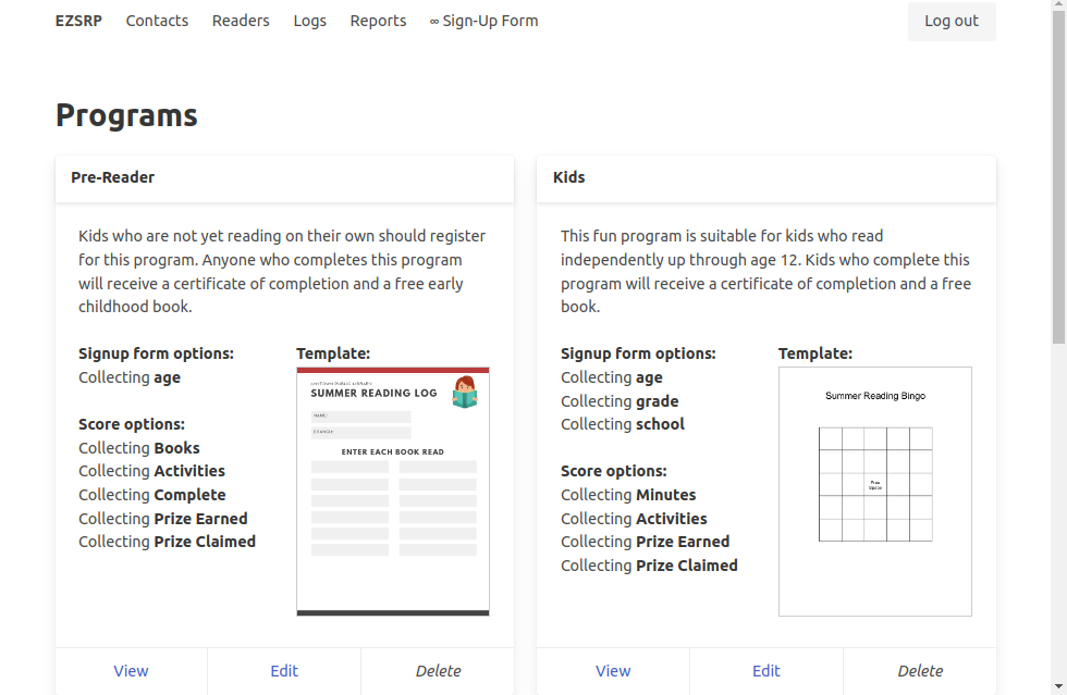 Screenshot of Programs Page featuring a Kids program and a Teen program